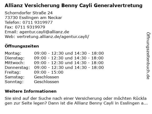 Allianz Generalvertretung Benny Cayli in Esslingen Am Neckar: Adresse und Öffnungszeiten