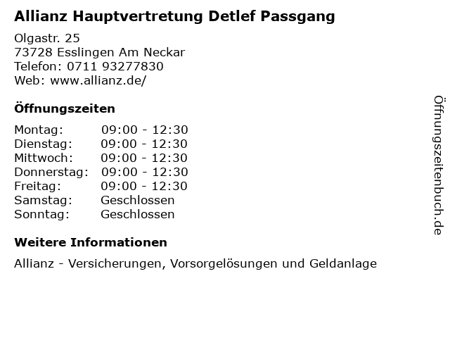 Allianz Hauptvertretung Detlef Passgang in Esslingen Am Neckar: Adresse und Öffnungszeiten