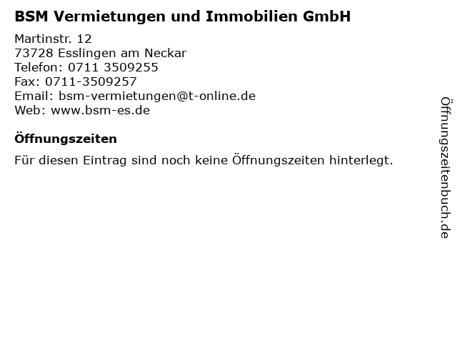 BSM Vermietungen und Immobilien GmbH in Esslingen am Neckar: Adresse und Öffnungszeiten