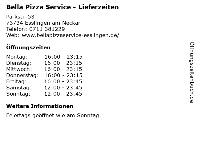 Bella Pizza Service - Lieferzeiten in Esslingen am Neckar: Adresse und Öffnungszeiten