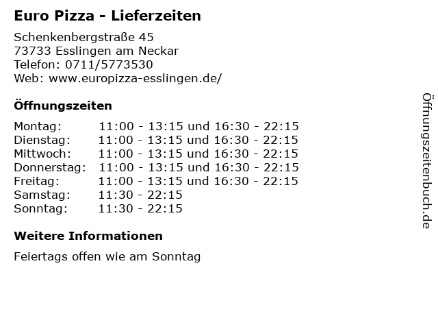 Euro Pizza - Lieferzeiten in Esslingen am Neckar: Adresse und Öffnungszeiten
