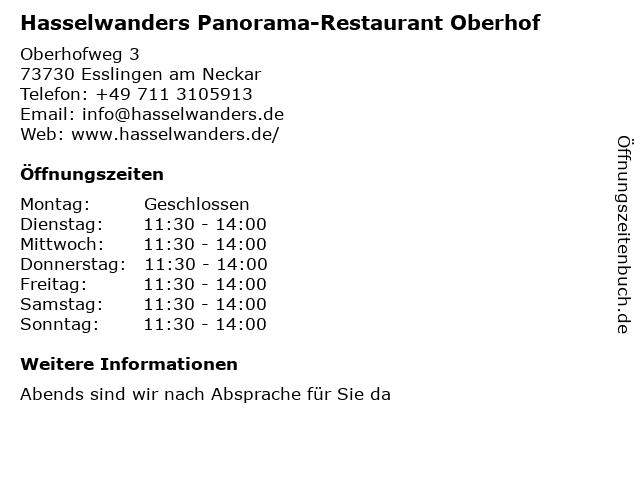 Hasselwanders Panorama-Restaurant Oberhof in Esslingen am Neckar: Adresse und Öffnungszeiten