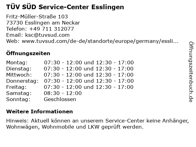 TÜV SÜD Service-Center Esslingen in Esslingen am Neckar: Adresse und Öffnungszeiten