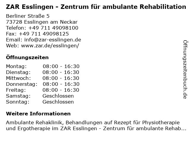 ZAR Esslingen - Zentrum für ambulante Rehabilitation in Esslingen am Neckar: Adresse und Öffnungszeiten