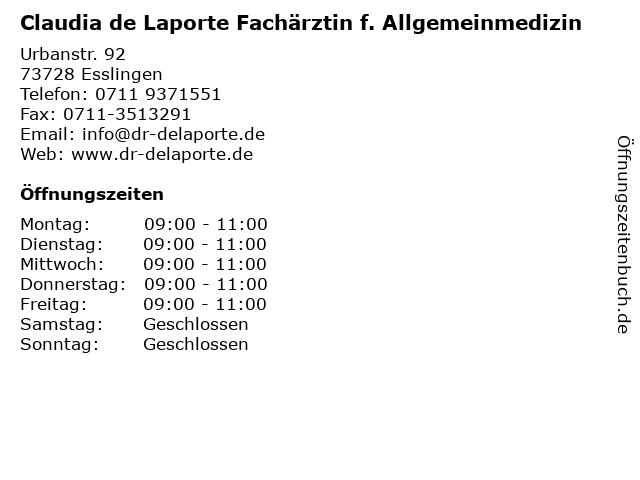 Claudia de Laporte Fachärztin f. Allgemeinmedizin in Esslingen: Adresse und Öffnungszeiten