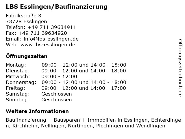 LBS Esslingen/Baufinanzierung in Esslingen: Adresse und Öffnungszeiten