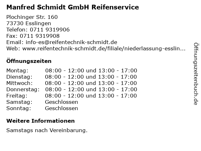 Manfred Schmidt GmbH Reifenservice in Esslingen: Adresse und Öffnungszeiten