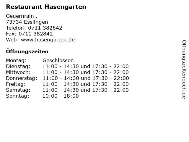 Restaurant Hasengarten in Esslingen: Adresse und Öffnungszeiten