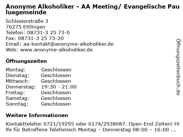 Anonyme Alkoholiker - AA Meeting/ Evangelische Paulusgemeinde in Ettlingen: Adresse und Öffnungszeiten