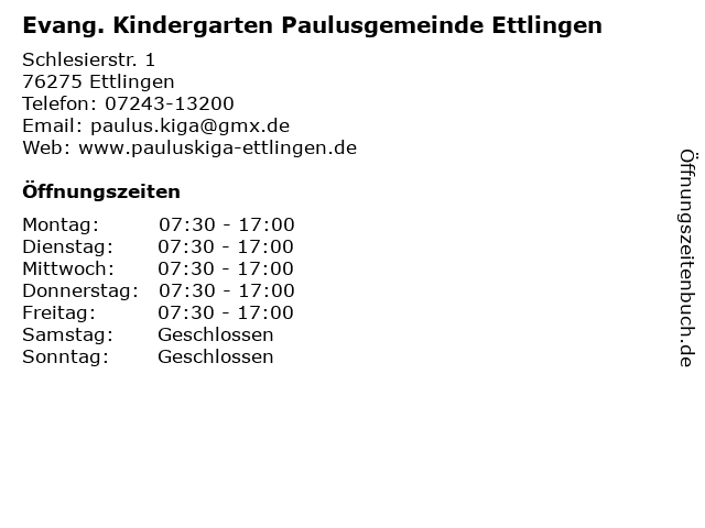 Evang. Kindergarten Paulusgemeinde Ettlingen in Ettlingen: Adresse und Öffnungszeiten