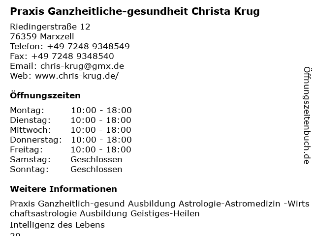 Praxis Ganzheitliche-gesundheit Christa Krug in Ettlingen: Adresse und Öffnungszeiten