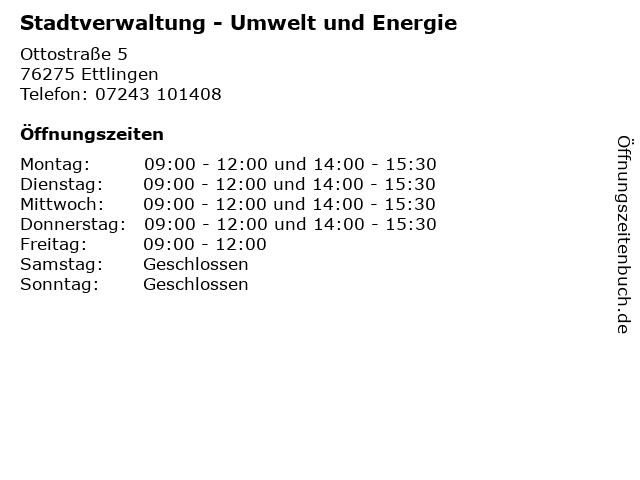 Stadtverwaltung - Umwelt und Energie in Ettlingen: Adresse und Öffnungszeiten