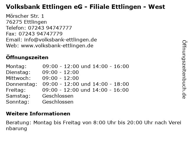Volksbank Ettlingen eG - Filiale Ettlingen - West in Ettlingen: Adresse und Öffnungszeiten