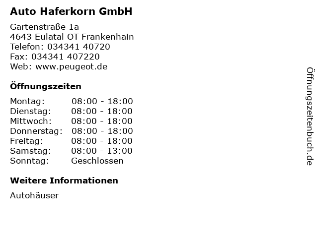 Auto Haferkorn GmbH in Eulatal OT Frankenhain: Adresse und Öffnungszeiten