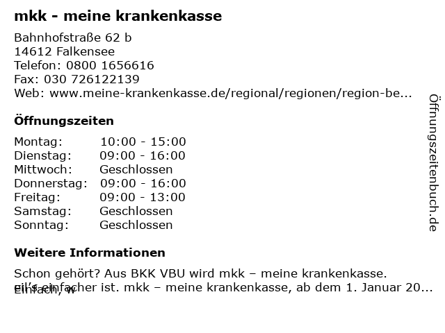 ᐅ Offnungszeiten Bkk Vbu Servicecenter Falkensee Bahnhofstrasse 62 B In Falkensee