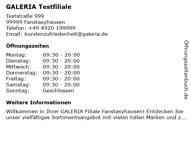 GALERIA Testfiliale in Fanstasyhausen: Adresse und Öffnungszeiten