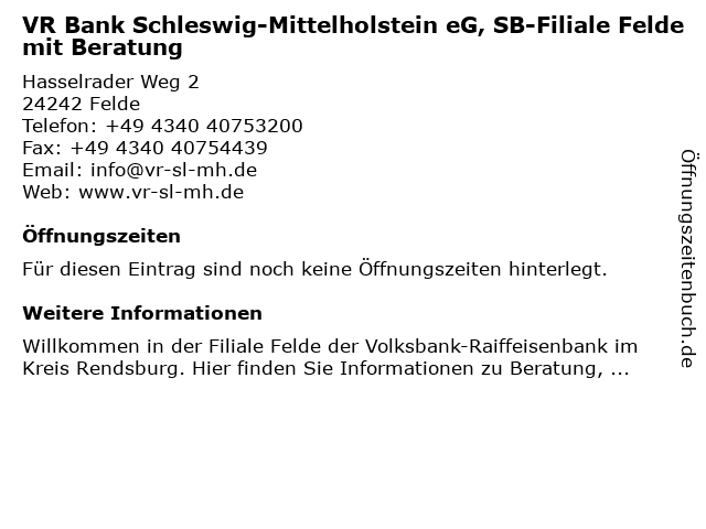 ᐅ Offnungszeiten Vr Bank Schleswig Mittelholstein Eg Filiale