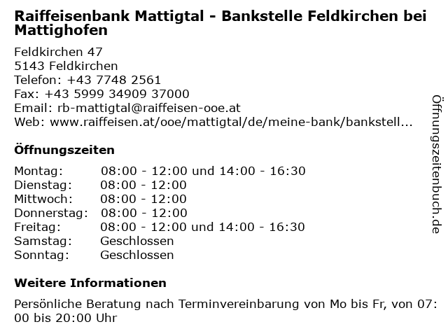 Raiffeisenbank Mattigtal - Bankstelle Feldkirchen bei Mattighofen in Feldkirchen: Adresse und Öffnungszeiten