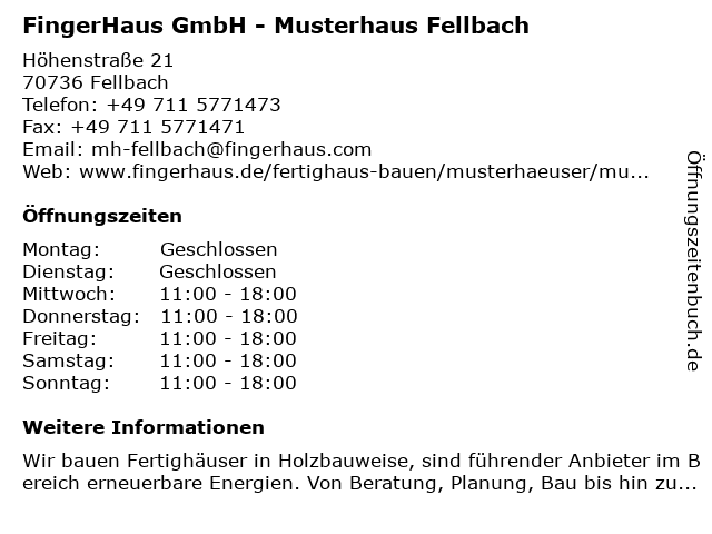 FingerHaus GmbH - Musterhaus Fellbach in Fellbach: Adresse und Öffnungszeiten