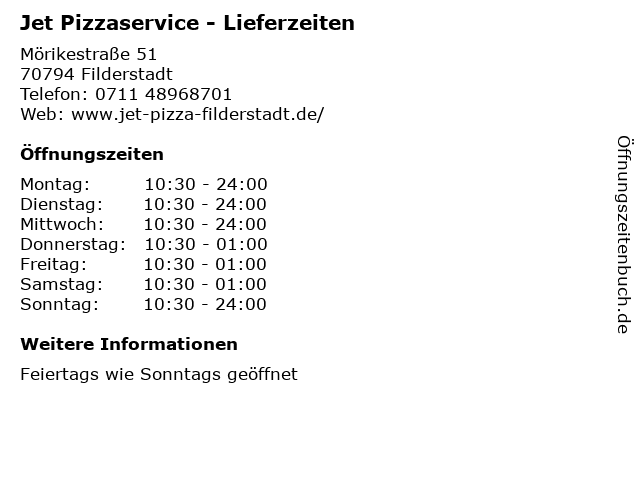 Jet Pizzaservice - Lieferzeiten in Filderstadt: Adresse und Öffnungszeiten