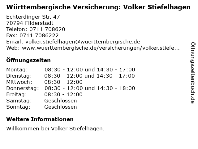 Württembergische Versicherung: Volker Stiefelhagen in Filderstadt: Adresse und Öffnungszeiten