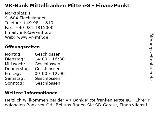 á… Offnungszeiten Vr Bank Mittelfranken West Eg Neustetter Strasse 1 In Flachslanden
