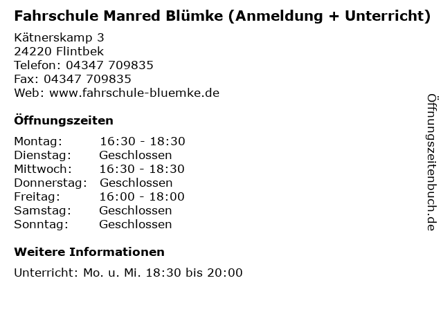 Fahrschule Manred Blümke (Anmeldung + Unterricht) in Flintbek: Adresse und Öffnungszeiten