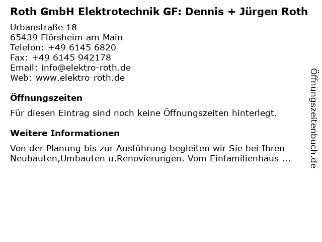 Roth GmbH Elektrotechnik GF: Dennis + Jürgen Roth in Flörsheim am Main: Adresse und Öffnungszeiten
