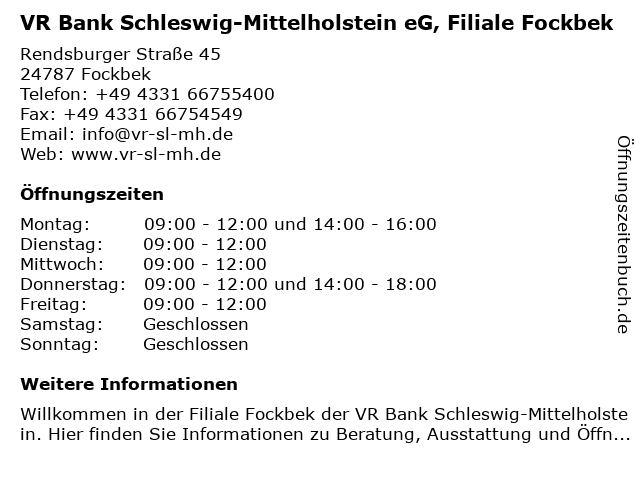 ᐅ Offnungszeiten Vr Bank Schleswig Mittelholstein Eg G Filiale