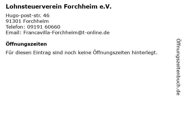 ᐅ Offnungszeiten Lohnsteuerverein Forchheim E V Hugo Post Str 46 In Forchheim