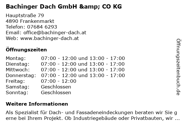 Bachinger Dach GmbH & CO KG in Frankenmarkt: Adresse und Öffnungszeiten