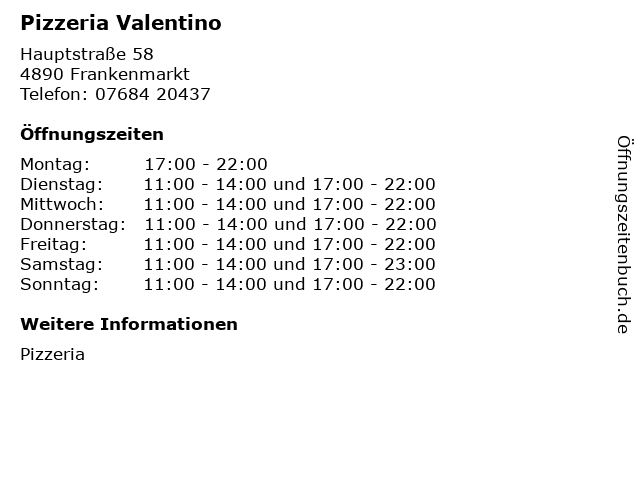 Pizzeria Valentino in Frankenmarkt: Adresse und Öffnungszeiten