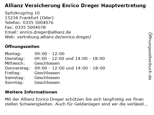 Allianz Versicherung Enrico Dreger Hauptvertretung in Frankfurt (Oder): Adresse und Öffnungszeiten