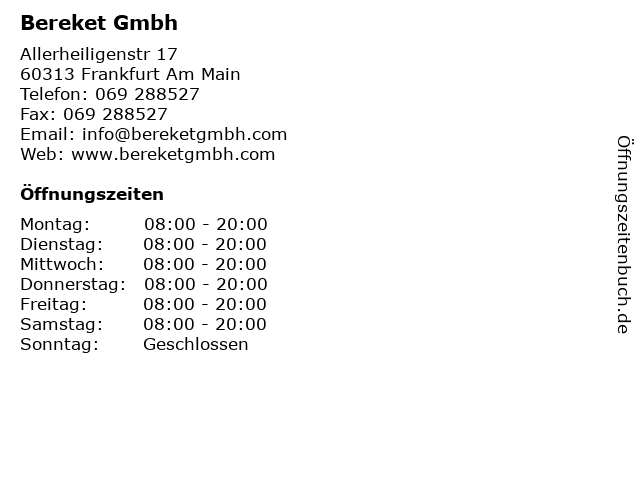 Bereket Gmbh in Frankfurt Am Main: Adresse und Öffnungszeiten