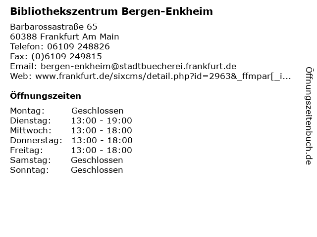 Bibliothekszentrum Bergen-Enkheim in Frankfurt Am Main: Adresse und Öffnungszeiten