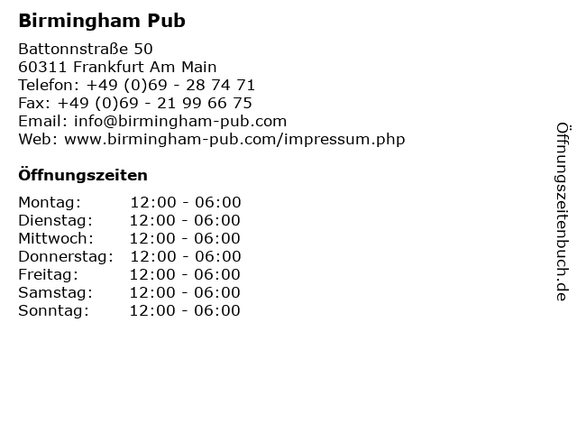 Birmingham Pub in Frankfurt Am Main: Adresse und Öffnungszeiten