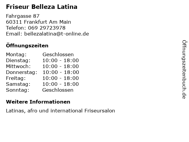 ᐅ Offnungszeiten Friseur Belleza Latina Fahrgasse 87 In Frankfurt Am Main