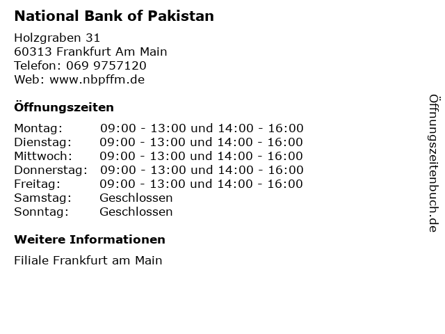 National Bank of Pakistan in Frankfurt Am Main: Adresse und Öffnungszeiten