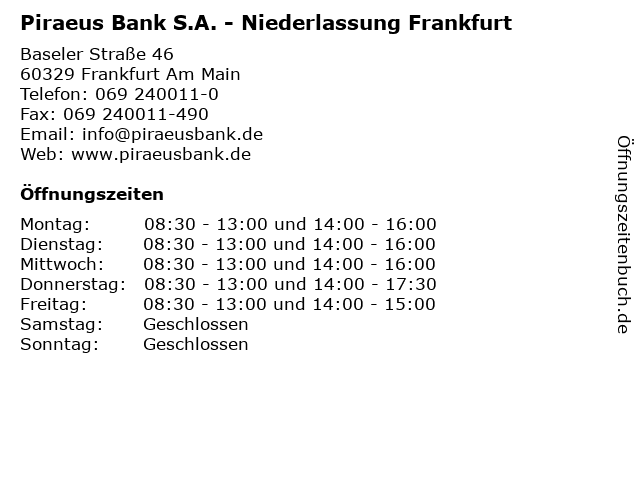Piraeus Bank S.A. - Niederlassung Frankfurt in Frankfurt Am Main: Adresse und Öffnungszeiten
