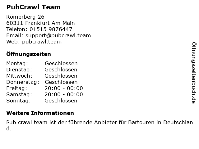 PubCrawl Team in Frankfurt Am Main: Adresse und Öffnungszeiten