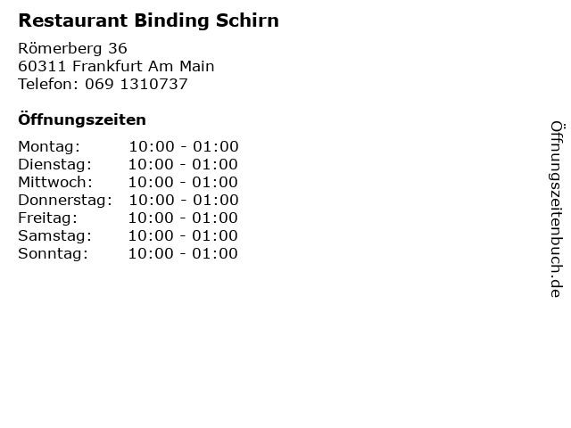 Restaurant Binding Schirn in Frankfurt Am Main: Adresse und Öffnungszeiten