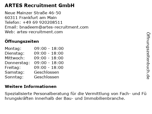 ARTES Recruitment GmbH in Frankfurt am Main: Adresse und Öffnungszeiten