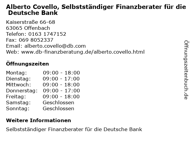 Alberto Covello, Selbstständiger Finanzberater für die Deutsche Bank in Frankfurt am Main: Adresse und Öffnungszeiten