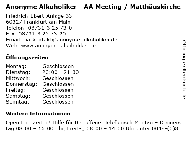Anonyme Alkoholiker - AA Meeting / Matthäuskirche in Frankfurt am Main: Adresse und Öffnungszeiten