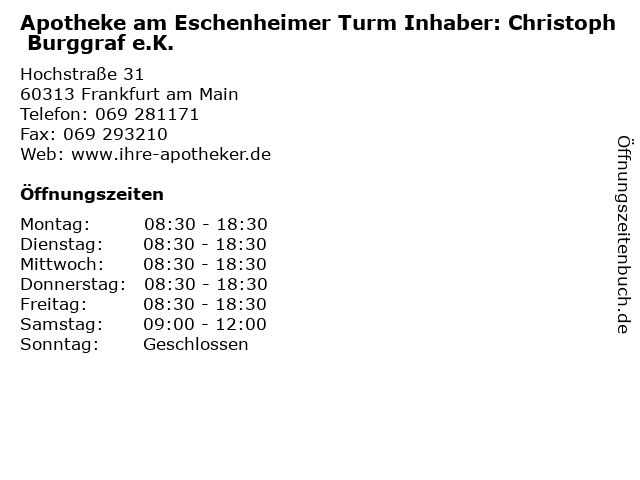 Apotheke am Eschenheimer Turm Inhaber: Christoph Burggraf e.K. in Frankfurt am Main: Adresse und Öffnungszeiten