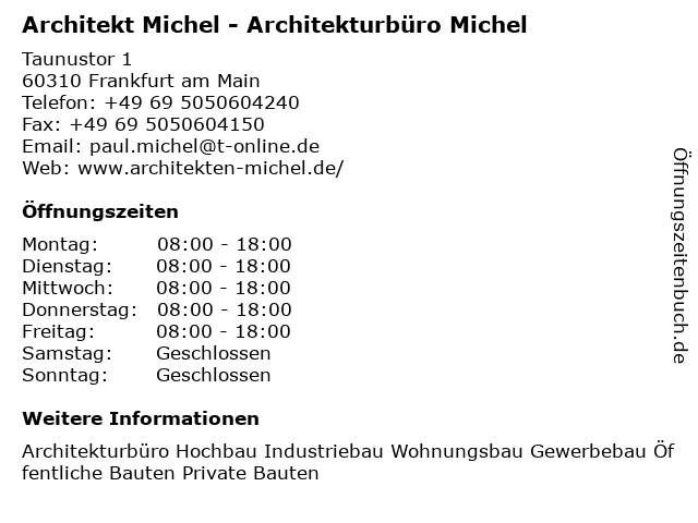 Architekt Michel - Architekturbüro Michel in Frankfurt am Main: Adresse und Öffnungszeiten