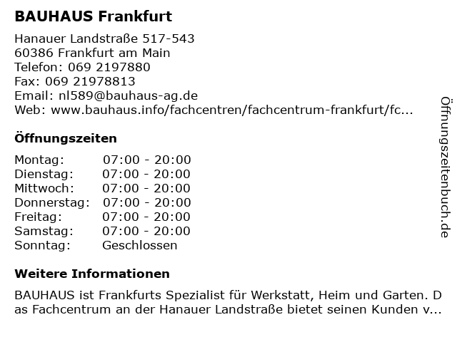 BAUHAUS Frankfurt in Frankfurt am Main: Adresse und Öffnungszeiten