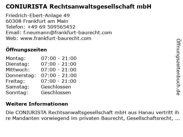 CONIURISTA Rechtsanwaltsgesellschaft mbH in Frankfurt am Main: Adresse und Öffnungszeiten