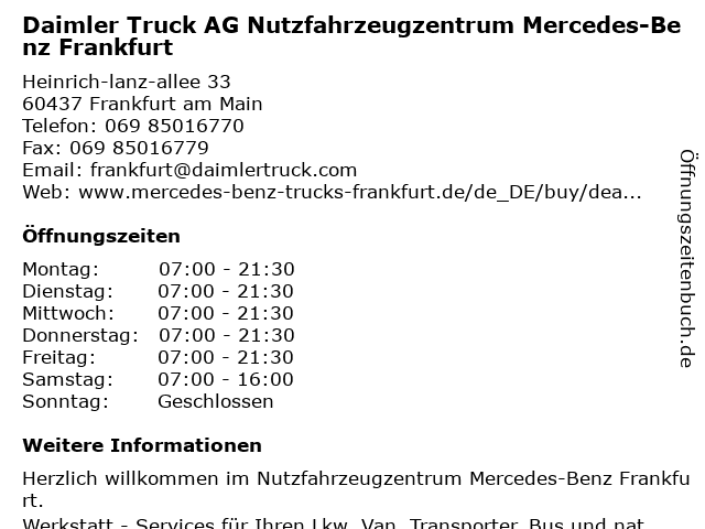 Daimler Truck AG Nutzfahrzeugzentrum Frankfurt in Frankfurt am Main: Adresse und Öffnungszeiten