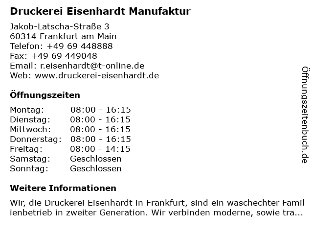 Druckerei Eisenhardt Manufaktur in Frankfurt am Main: Adresse und Öffnungszeiten